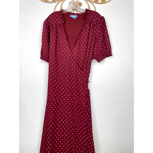 Draper James Naomi Wrap Dress in Merlot Polka Dot 18 - Picture 3 of 7